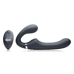 Strap U Mighty Rider strapless strap-on in grey with oval wireless remote beside it