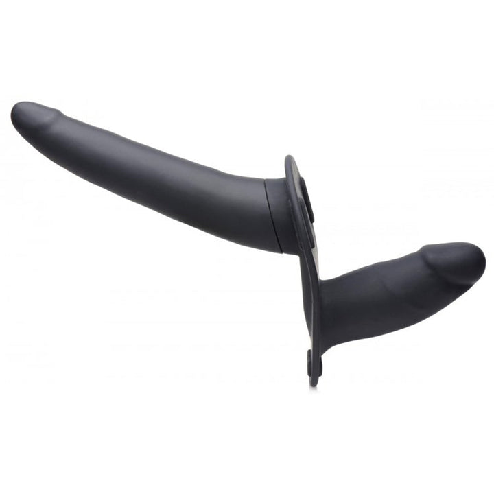 Strap U Power Pegger Beginner double dildo strap-on in matte black silicone, side view