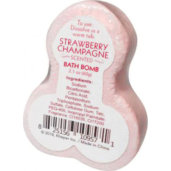 Strawberry Champagne scented bath bomb label showing ingredients and 2.1 oz size