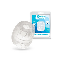 Stretch-Tech Barrel flexible cock ring beside its retail clamshell packaging