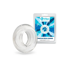 Stretch-Tech Choke cock ring beside its retail blister packaging with blue b-Vibe branding