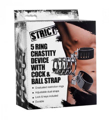 Strict 5 Ring Chastity Device box showing metal cage and leather strap with lock
