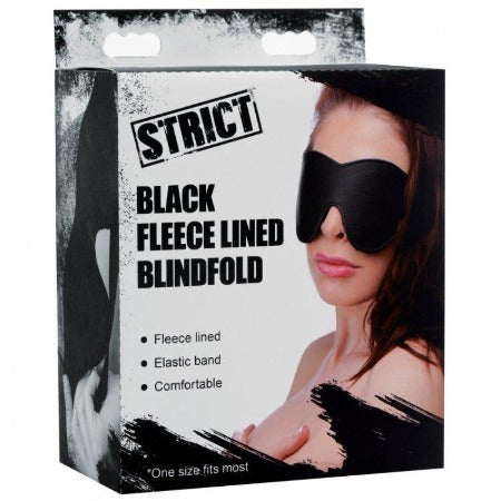 Strict Black Fleece Lined Blindfold box showing elastic band and comfort features