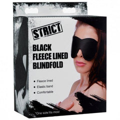 Strict Black Fleece Lined Blindfold box showing elastic band and comfort features
