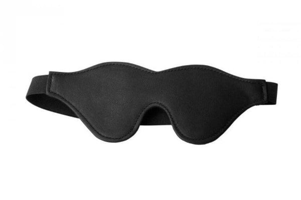 Strict black fleece lined blindfold laid flat, displaying contoured dual-eye shape