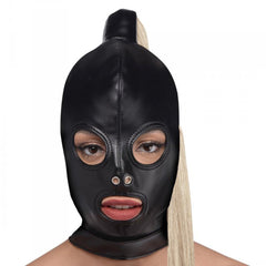 STRICT Blonde Ponytail Bondage Hood front view showing eye, nose, and mouth openings in black faux leather