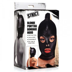 STRICT Blonde Ponytail Bondage Hood in retail box listing soft inner lining and comfortable fit features