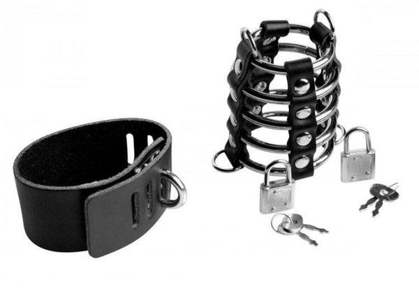 Strict chastity cage with black leather cuff, two padlocks, and included keys