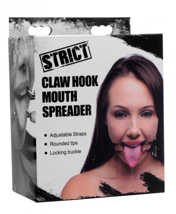 Strict Claw Hook Mouth Spreader product box showing adjustable strap spreader in use