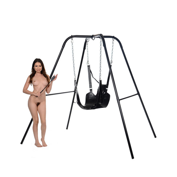 Strict Extreme Sling with freestanding black steel swing stand, shown with female model for scale