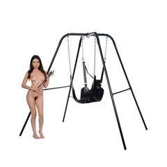 Strict Extreme Sling with freestanding black steel swing stand, shown with female model for scale