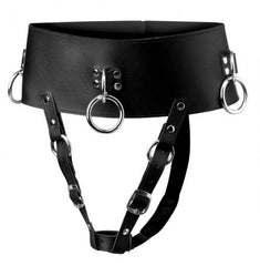 Strict Forced Orgasm Belt laid flat, black faux-leather waistband with silver O-rings
