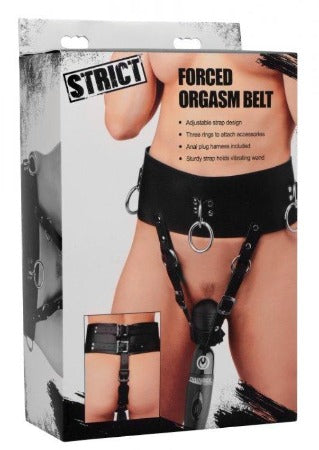Strict Forced Orgasm Belt retail box showing harness, wand attachment, and bullet points
