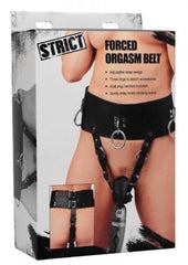 Strict Forced Orgasm Belt retail box showing harness, wand attachment, and bullet points