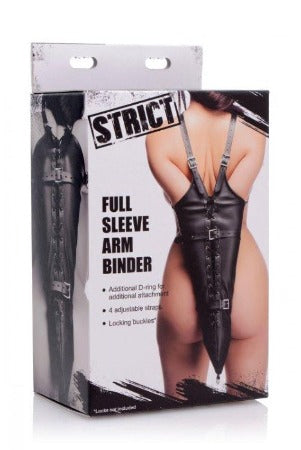 Strict Full Sleeve Armbinder in black faux leather shown on retail packaging box