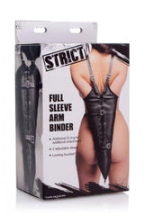 Strict Full Sleeve Armbinder in black faux leather shown on retail packaging box