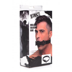 Strict Hollow Silicone Gag retail box listing premium silicone and breathable design