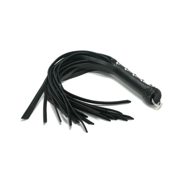 Strict Leather Beginner Flogger with black suede falls and studded handle, front view