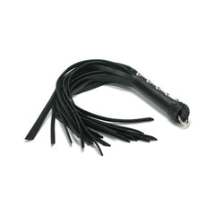 Strict Leather Beginner Flogger with black suede falls and studded handle, front view