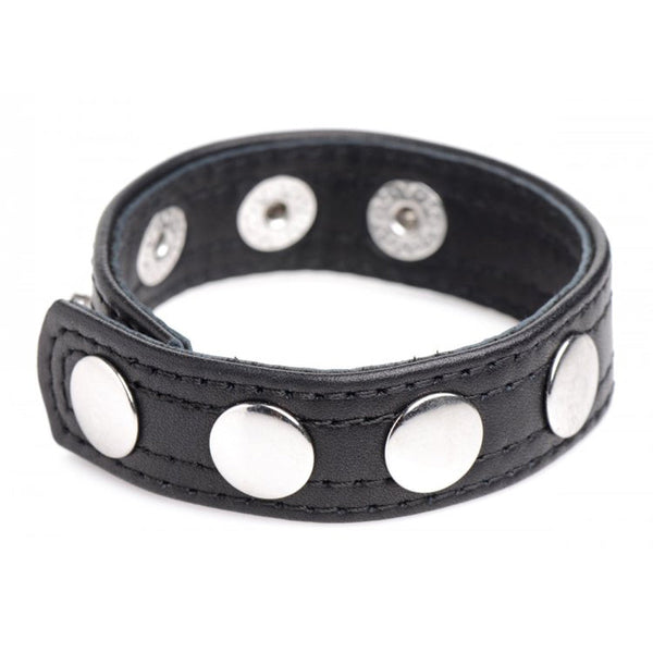 Strict Leather black leather cock ring with five silver snap fasteners, close-up