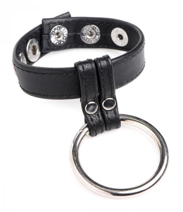 Strict Leather Cock & Ball Ring with adjustable snap strap and silver steel O-ring, black