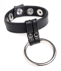 Strict Leather Cock & Ball Ring with adjustable snap strap and silver steel O-ring, black