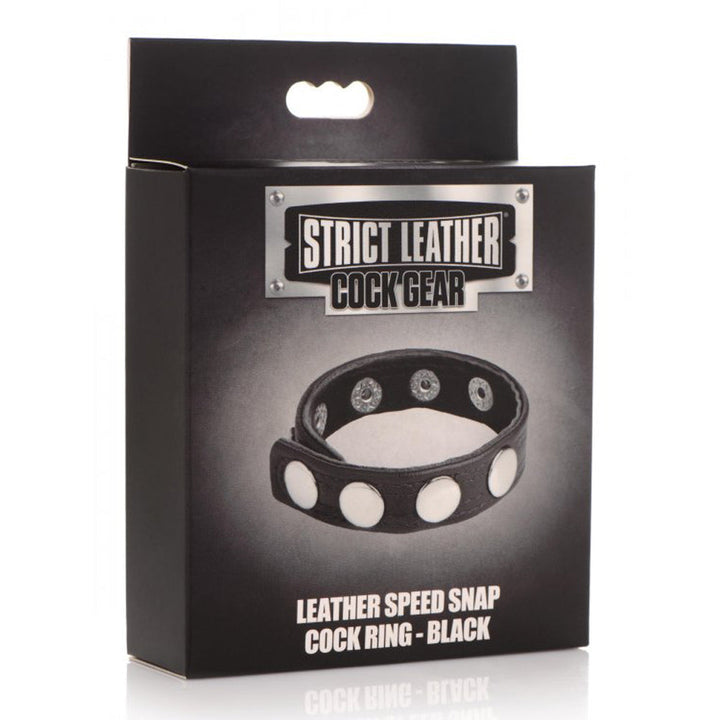 Strict Leather Cock Gear Speed Snap Cock Ring in black packaging box