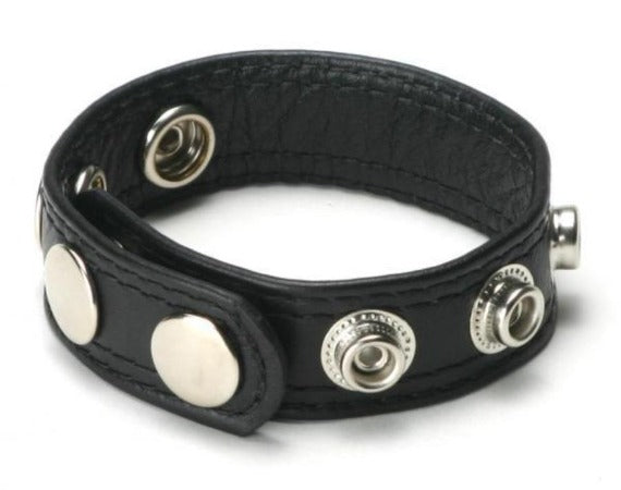 Strict Leather Speed Snap Cock Ring in black with adjustable silver snap closures