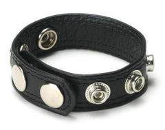 Strict Leather Speed Snap Cock Ring in black with adjustable silver snap closures