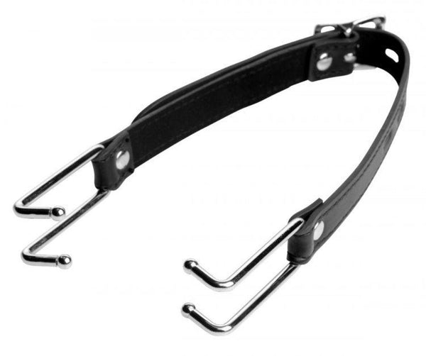 Strict mouth spreader with chrome claw hooks and black leather adjustable strap