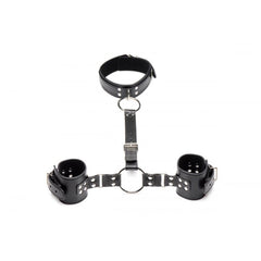 Strict Neck to Wrist Restraints laid flat showing collar, center strap, and both wrist cuffs