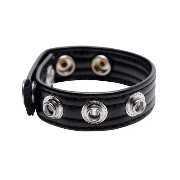 Strict Speed Snap Leather Cock Ring in black with silver snap closures, front view