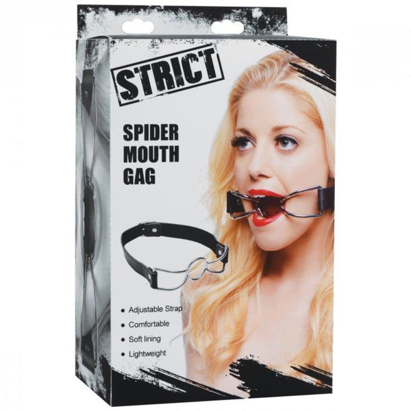 Strict Spider Mouth Gag box showing adjustable black strap and chrome open-ring design