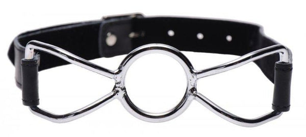 Strict Spider Mouth Gag close-up of silver spider-frame ring with soft-lined black leather strap