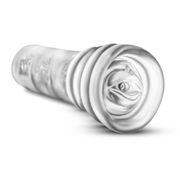 Close-up of the stroker's textured entry and ribbed exterior, shown from a side angle