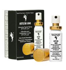 Stud 100 12g bottle and gold cap displayed in front of open product packaging