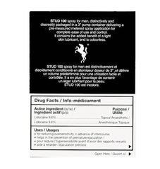 Close-up of Stud 100 box back panel showing drug facts and active lidocaine ingredient