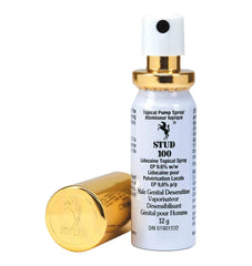 Stud 100 delay spray white bottle with gold pump cap, 12g lidocaine desensitizing formula