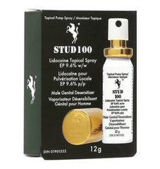 Stud 100 spray beside dark green retail box showing bilingual lidocaine topical label