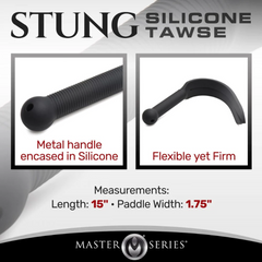 Stung Silicone Tawse specs graphic: metal-core handle, flexible paddle tip, 15-inch length noted