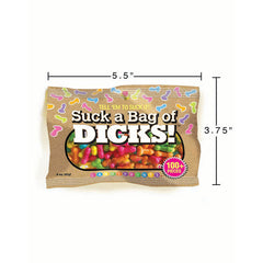 Suck a Bag of Dicks candy bag dimensions shown: 5.5 inches wide by 3.75 inches tall kraft pouch