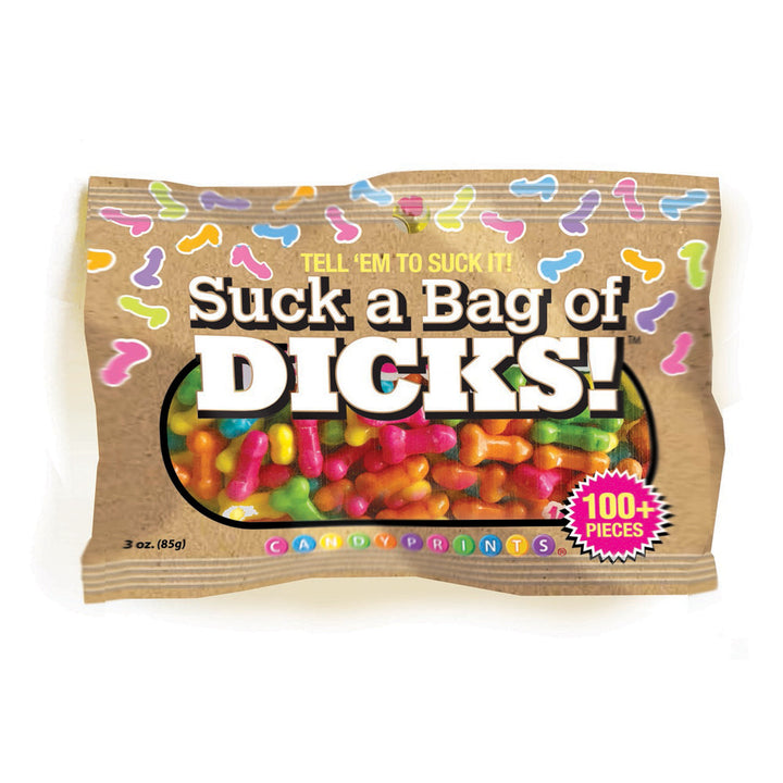 Suck a Bag of Dicks candy bag front view, 3 oz kraft-style pouch filled with colorful novelty candies