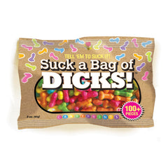 Suck a Bag of Dicks candy bag front view, 3 oz kraft-style pouch filled with colorful novelty candies