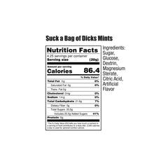 Suck a Bag of Dicks Mints nutrition panel listing sugar, glucose, dextrin, citric acid ingredients