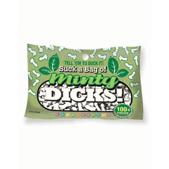 Suck a Bag of Minty Dicks candy, green novelty bag, 100+ mint-flavored pieces, front view