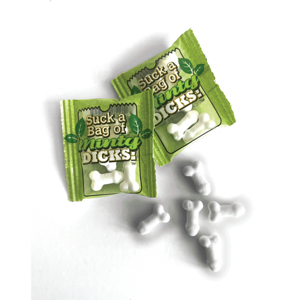 Suck a Bag of Minty Dicks candy packets open beside small white novelty-shaped mints