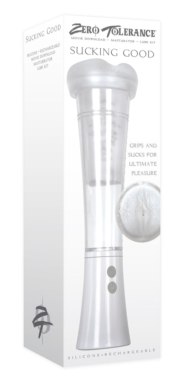 Sucking Good masturbator in retail box highlighting silicone rechargeable features