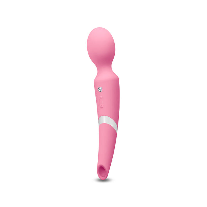 Sugar Pop Aurora pink silicone wand massager with rounded head and silver accent band