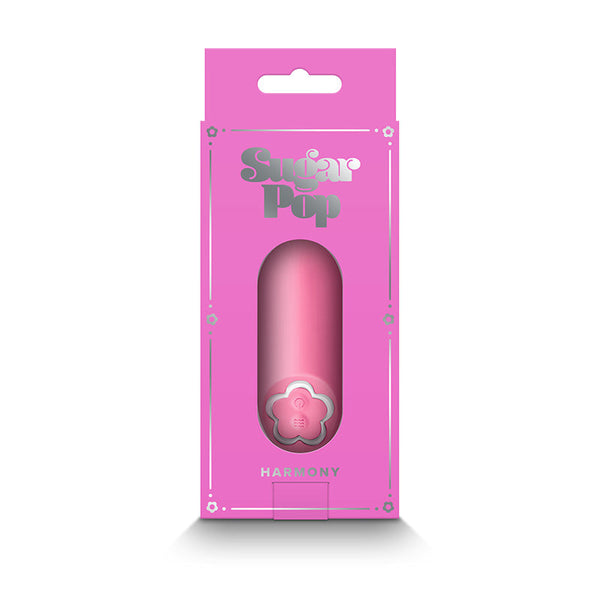 Sugar Pop Harmony bullet vibrator displayed inside open-window pink box, showing product clearly