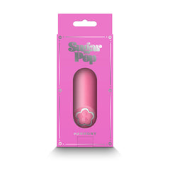 Sugar Pop Harmony bullet vibrator displayed inside open-window pink box, showing product clearly